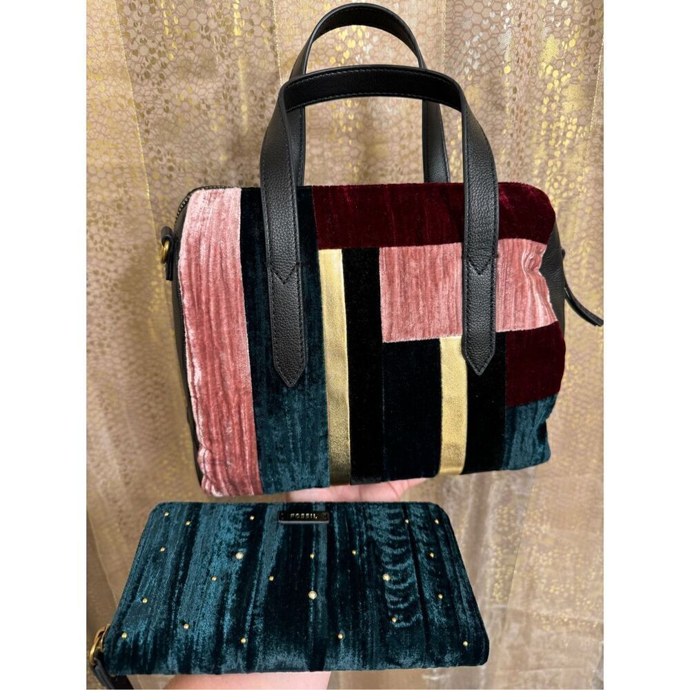 Fossil Sydney Satchel Velvet Patchwork Green Red Pink & Wallet NWT